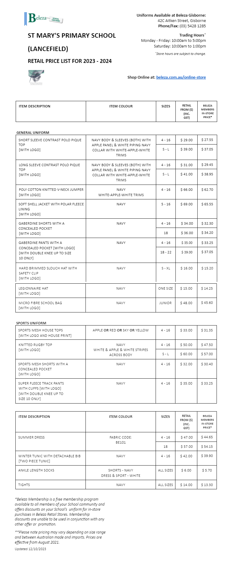 Uniform Price List