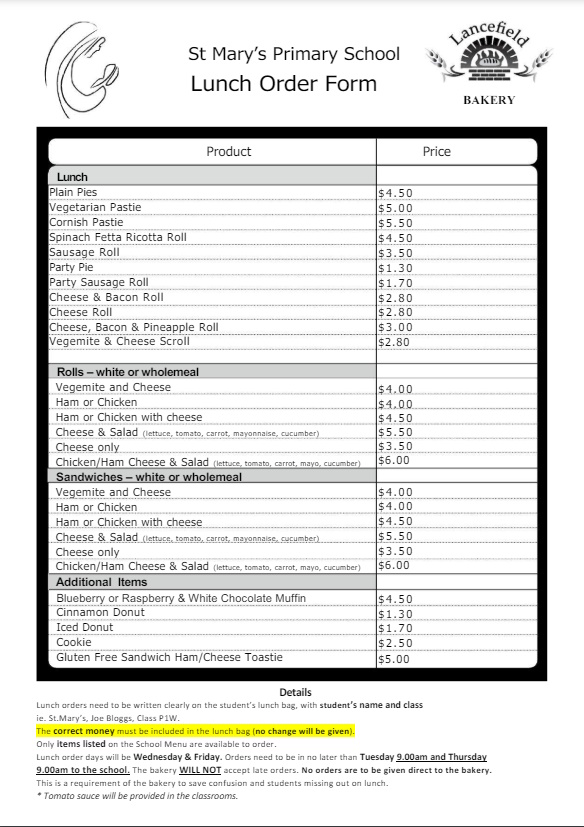 Lunch order menu